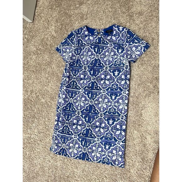 The Limited Round Neck Blue Geometric Print Cap Sleeve Mini Sheath Dress XS - Picture 1 of 4
